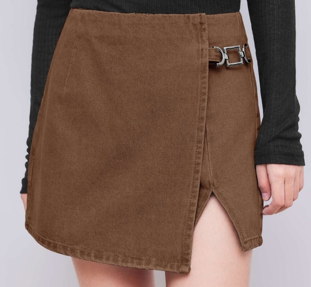 Cider Brown Sz XL Denim Mid Waist Shorts/Skort W Split Stretch Streetwear